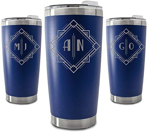 Personalised Engraved 500ml Dark Blue Travel Cup with Deco Initials Design, Personalise with Any Initials or Letters