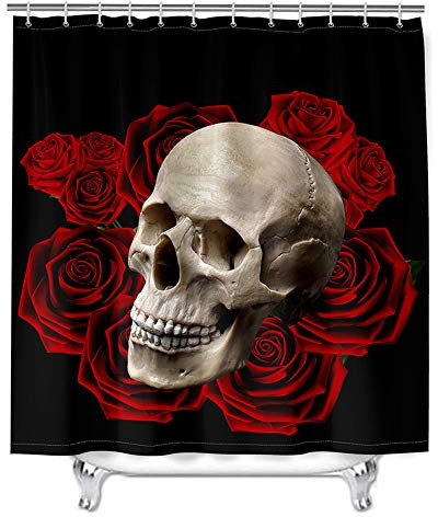 Oduo Tende da Doccia Antimuffa Tenda da Doccia 3D Cranio Stampa Tende per Vasca da Bagno Poliestere Impermeabile Tende da Doccia Tenda da Bagno con 12 Ganci (Fiore di Rosa Rossa,90x180cm)