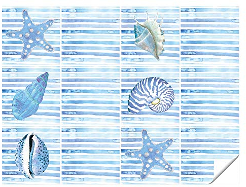 GRAZDesign Fliesenaufkleber Bad Muscheln mit Streifen Wandfliesen selbstklebend, Klebefliesen - 145x145mm / Muscheln mit Streifen