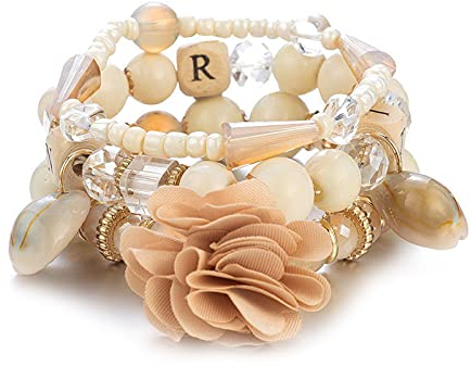 1 x Armband für Frauen, mehrlagiges beigefarbenes Perlenarmband, Bohemian-Strand-Nord-Carolina-Blumen-Anhänger.