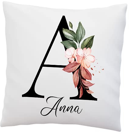 LIEBTASTISCH Personalisiertes Kissen - Namens-Kissen - mit Ihrem Anfangsbuchstaben und Namen - personalisiert - Blumen Motiv - Deko Kissen Weiß 40x40 (mit Kissen)