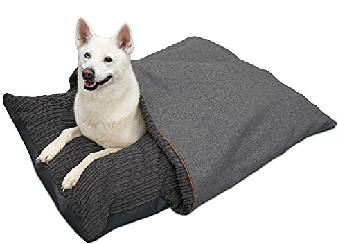 rucomfy Fibre-Filled Large Burrower Calming Dog Bed with Comfort Blanket - Machine Washable Jumbo Cord Pet Bed with Water Resistant Base - 125 x 94 x 20cm (Slate Grey)