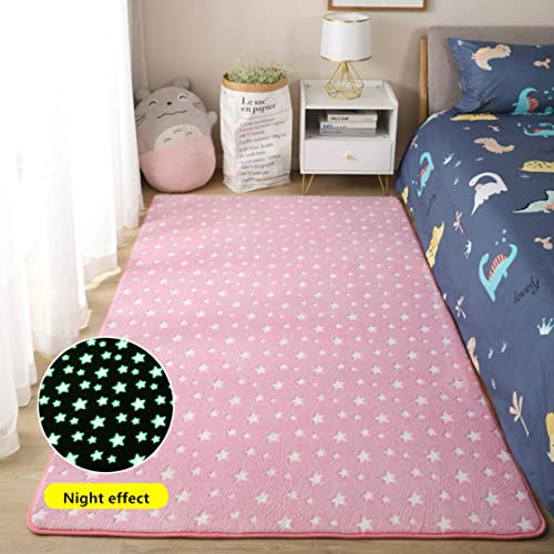 Dicker Teppich für Wohnzimmer Leuchtender Plüsch Area Rug Kinder Bettzimmer Flauschige Bodenteppiche Nacht Wohnkultur Teppiche Sofa Samtmatte Glow in The Dark Fußmatten (Rosa Sterne,120×160 cm)