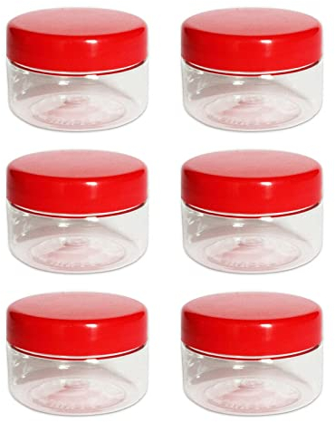 AFSUK 6 x 50ml Plastic Storage Jar With Screw Top Lids Airtight Food Storage Containers BPA Free For Kitchen, Herb, Spices, Sweets Clear Canister pots, Clear / Red Lid, 50ml Storage Jar