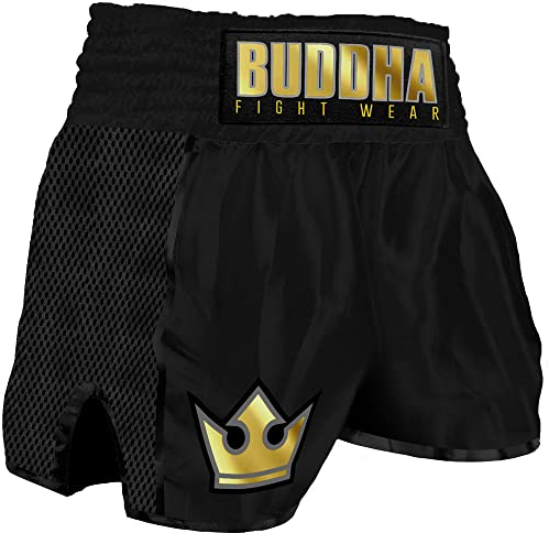 Buddha Fight Wear. Short Retro Premium Negro. Especialmente diseñado para el Kick Boxing, Muay Thai, K1 o Cualquier modalidad de Deportes de Contacto. Talla S (40 a 50 Kgs)