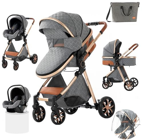 Prokoke Passeggino Trio, Trio Passeggino Neonati con Due Modi Reversibili per Spingere, Passeggino 3 in 1 con Una Lega di Alluminio a Cornice, Trio con Design Pieghevole in Un Clic (225 Grey)