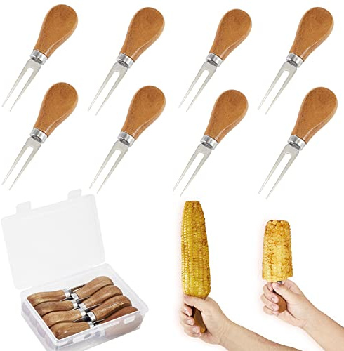 8 st/4 par majskolvshållare, stora trähandtag rostfritt stål gafflar bra grepp majsplektrum set, spetthållare varmkorv fruktgafflar, för grill hem matlagning fester grill camping grill