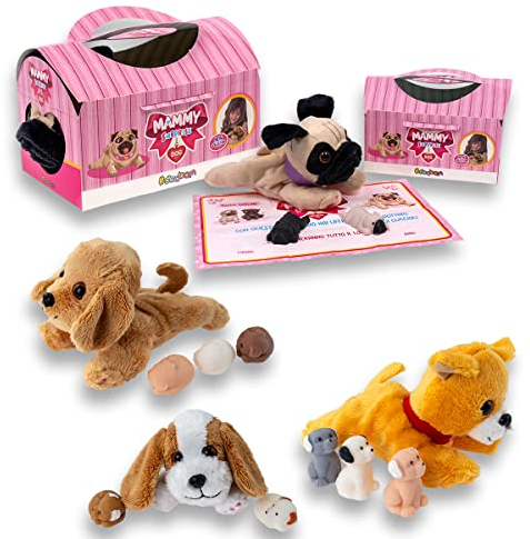 #sbabam Mammy Dog Surprise New Edition, Super Weiches Kuscheltier Hund mit Niedlichen Welpen, 2er-Pack, Plüschtier mit Tragetasche, Spielzeug ab 3 Jahre, Kleine Tiere Figuren als Baby Geschenk