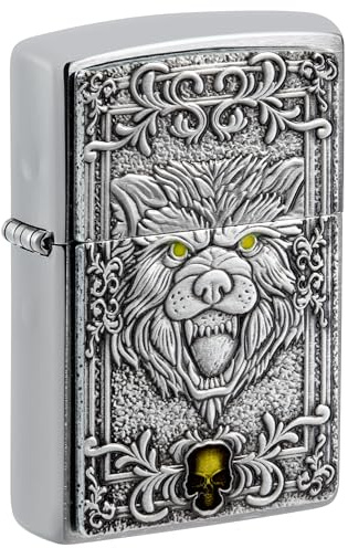 Zippo Sturmfeuerzeug - Wolf, Brushed Chrome, Emblem - Nachfüllbar - Wiederverwendbar - Windfestes Design - Geschenkbox - Made in USA
