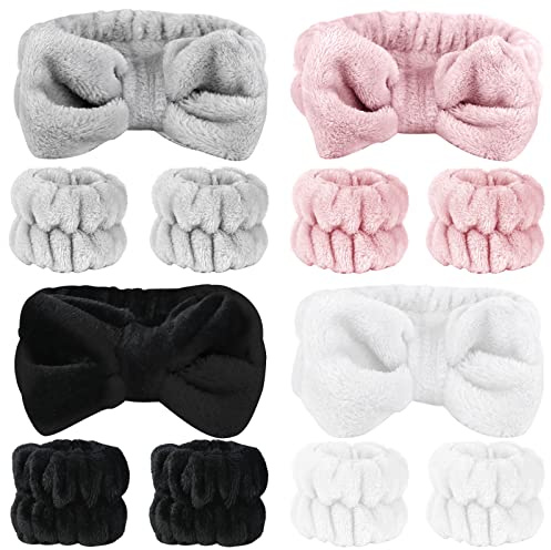 SLNZAPTY 12 PCS Face Wash Headband Wristband Set for Women Girls, Soft Microfiber Facial Spa Hair Wraps Makeup Skincare Bath Headbands Wrist Bands for Washing Face（White, Pink, Gray, Black）