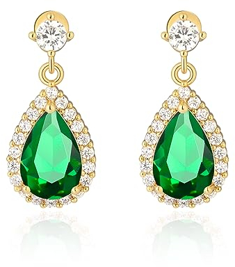 MESOVOR Diamond Teardrop Dangle Earrings for Women, 18K Gold Plated Cubic Zirconia Tear Drop Dangling Earrings Wedding Prom, Party Jewelry Gifts (Gold-Green)