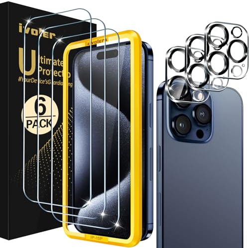 ivoler [Alignment Aid Screen Protector for iPhone 15 Pro, 3 Tempered Glass Film and 3 Camera Lens Protectors with 1 Installation Alignment Aid, Bubble-Free, HD Clear, 6.1-Inch