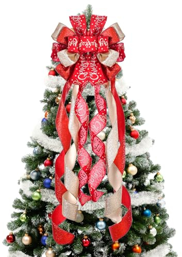 Puntale per albero di Natale, ghirlanda di Natale, fiocco 114,3 x 33 cm, grande fiocco natalizio con lettera modellata, per albero di Natale, rustico, casa, vacanze, feste, decorazioni rosse