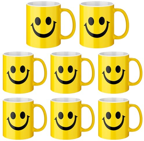 Hushee 8 Pcs Smile Face Coffee Mugs Bulk 11 oz Ceramic Happy Face Cup Yellow Coffee Mug Birthday Party Gifts Funny Supplies