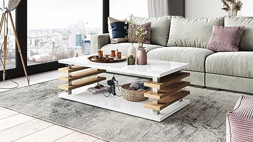 DC-3 Couchtisch Weiß Hochglanz/Eiche Gold 120x60cm mit Ablage modern stabil vielseitig Wohnzimmertisch Beistelltisch Sofatisch Zeitloses Design platzsparend robust Wohnzimmer ohne Rollen