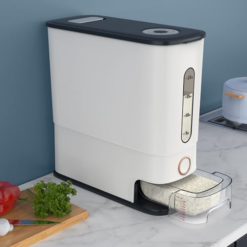 Distributeur de riz de 12 kg, récipient à riz de 12 kg avec tasse à mesurer, récipient de stockage de riz sans BPA avec échelle de temps pour la maison, la cuisine, le garde-manger, l'organisation du