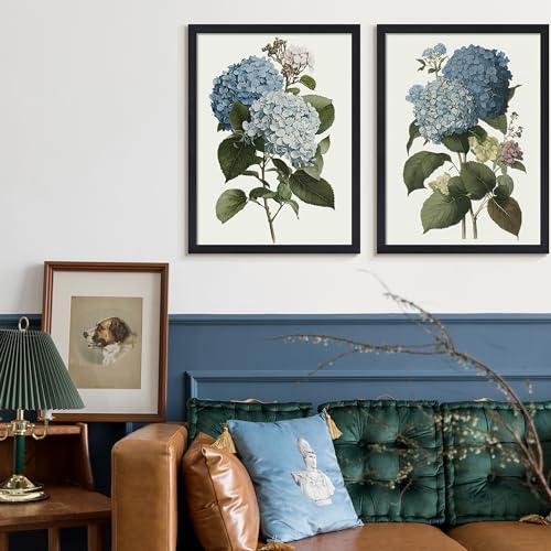 Grdenia Art Vintage Blue Flower Print Art Deco Blooming Hydrangea Canvas Wall Art Classic Botanical Plant Posters for Living Room Bedroom Bathroom Decoration Girl Room Aesthetic Decor 10x12inch Framed