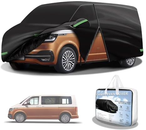 MaxEarn Vollgarage für VW T5 T6, 420D Schwarz UV-beständig Wasserdicht Auto Vollschutzplane mit Seitentür Reißverschlüssen und Windschutzgurten Vollgarage für VW Transporter Wohnmobil