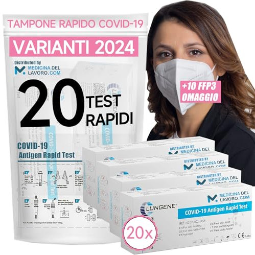CLUNGENE – 20 x Tamponi Covid 19 Rapido 2025 Nasale, Kit Rapido Tampone per l'Antigene SARS-COV-2, Validato Nuove Varianti 2025. + Omaggio 10 Mascherine FFP3, (20 TEST + 10 FFP3)