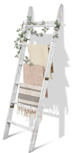 Escalera de 6 niveles de madera, 100 % pino, toallero con construcción antideslizante, decoración del hogar, fácil montaje (blanco vintage)