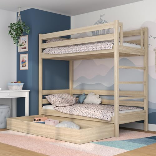 N-wood N03 Etagenbett mit Schublade, Hochbett 120x200 cm, aus Eichenholz, 2 Leitermontageseiten: Links oder rechts, Stabile, inklusive Lattenrost, Skandinavischer Stil, gebleichtes Eichenholz