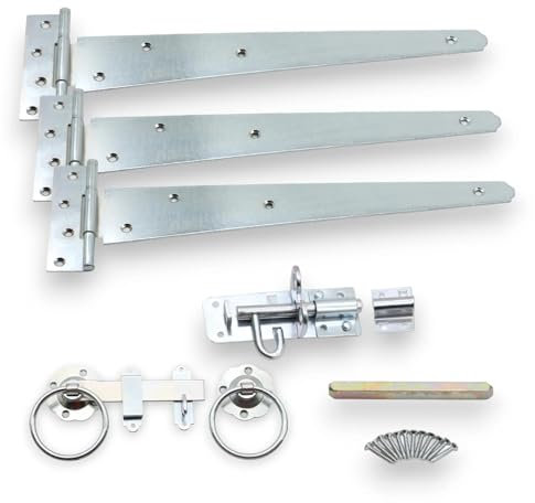 Infinity Decor 14 Tee Hinges (3) Garden Gate kit Plain Ring Latch and Brenton Bolt Wooden Gate Fittings Set Zinc - for Barn, Shed Doors, Garage Gate