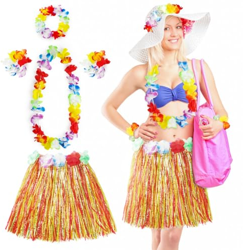 Aomig Disfraz Hawaiana Falda de Paja, 5 Pcs Set Hawaiano con Collar Pulsera Guirnalda Diadema Hawaiano, Falda Hawaiana Hierba para Niñas Mujer Adultos para Playa Fiestas Temáticas, Multicolor-40cm