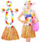 Aomig Disfraz Hawaiana Falda de Paja, 5 Pcs Set Hawaiano con Collar Pulsera Guirnalda Diadema Hawaiano, Falda Hawaiana Hierba para Niñas Mujer Adultos para Playa Fiestas Temáticas, Multicolor-40cm