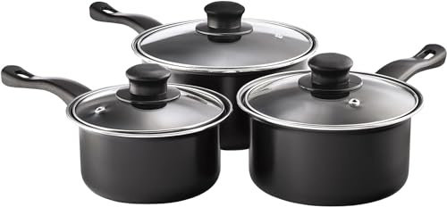 Multi-Purpose Aluminum 3 Pieces Saucepan Set with Non-Stick Coating - Glass Lid and Anti-Slip Soft Handles - Ideal for All Induction Hob Cooking in Kitchen & Restaurant