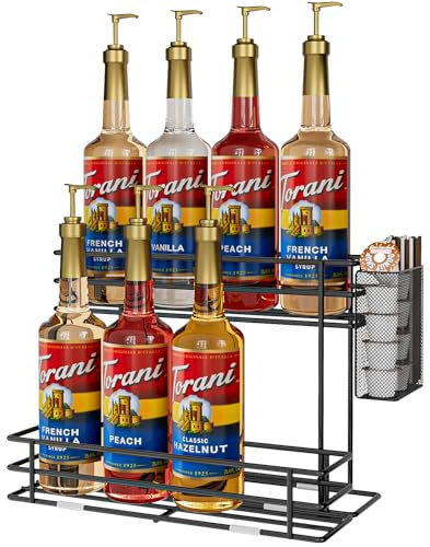 Ovicar Kaffee Sirup Organizer Rack - 8 Sirup Flasche Halter Stand für Kaffee Bar Kaffee Station Zubehör mit Stroh Kaffee Pod Korb, 2 Tiers Küche Arbeitsplatte Lagerung für Sirup Wein Dressing Schwarz