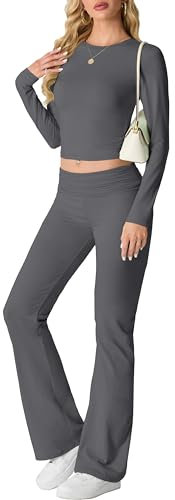 IWOLLENCE Hausanzug Damen Jogginganzug Set Lounge Set 2 Teiler Sportanzug Damen Y2K Outfit Homewear mit Crop Top und Schlaghosen (Dunkelgrau, L)