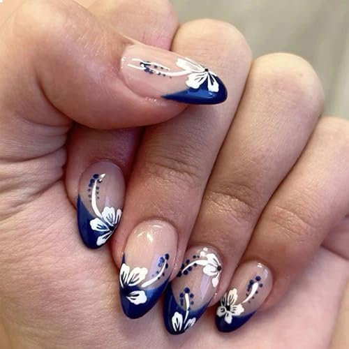 GlamRays 24 Stück French Nails Press on Nails Nüdescht Pink False Nails Almond Acryl Nägel False Nails mit Weiße Blumen Designs Stick on Nails Blaue Spitze Klebe Nails