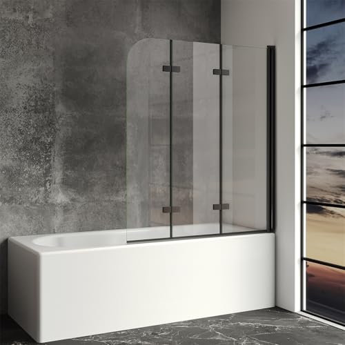 IMPTS Duschwand für Badewanne 140 x 140 cm Schwarz Duschtrennwand Faltbare 3-teilig Duschabtrennung Badewannenaufsatz Glas Badewannenfaltwand mit 6mm Nano Beschichtung ESG Sicherheitsglas
