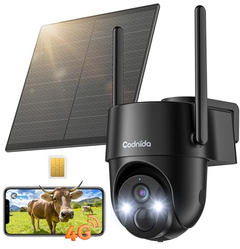 Codnida 4G LTE Zellulär Überwachungskamera Aussen mit SIM Karte 2K HD,Kein WiFi Solar Kamera,Farb-Nachtsicht,PTZ,IP65 Wasserdicht Schwarz