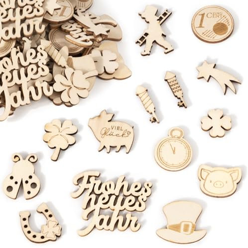 BOOMTOP 100pcs Glücksbringer Streudeko Silvester Deko Holz Konfetti Kleeblatt Tischdeko 2025 Frohes Neues Jahr Deko Beschreibbar Holz Viel Glück Schweine Hufeisen Neujahr Deko Give Away 0,8-4,2cm
