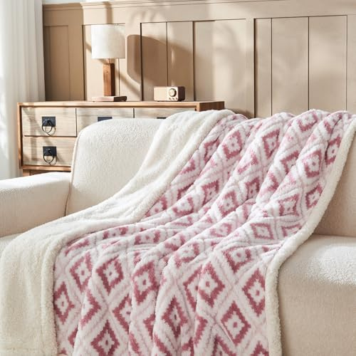 Wajade Böhmische Kuscheldecke Rhombus Flauschige Fleecedecke Winter Warme Plüschdecke Luxuriöse Kunstfelldecke Weiche Decke für Bett Couch - Pink 127 * 153