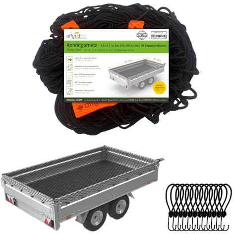 Offgridtec Red de Seguridad de Carga para remolques, 1,5 x 2,7 m a 2,5 x 3,5 m, Extensible y Malla Fina, Incluye 10 Ganchos tensores, Marcas de Esquinas, Cuerda de Goma Reforzada, Seguridad de Carga