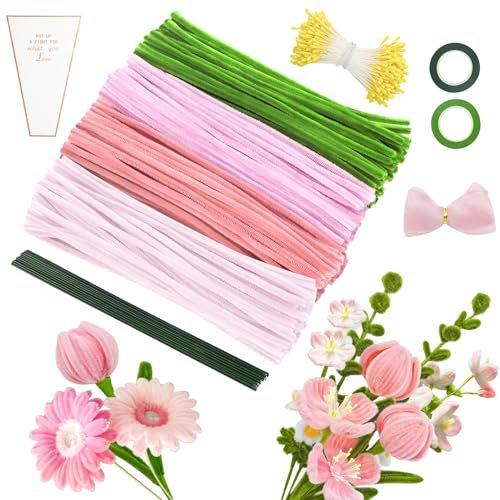 MOTONG 400 Stück Pfeifenreiniger zum Basteln-4 Farben Pfeifenputzer Rosa zum Chenilledraht, 360 Stück Staubgefäße 20 Stück Blumendraht zum Basteln mit Geschenkband Pfeifenputzer Blumen Set