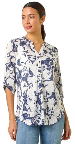 Roman Originals Shirt for Women UK Ladies Top Collarless Blouse Stretchy Tunic Smart Casual Autumn Winter Jersey 3/4 Length Sleeve Notch V Neck Flattering Office Work - Floral Navy - Size 12