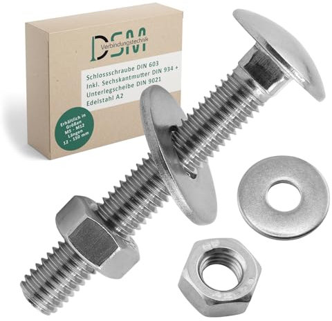 DSM - Boulons M8 x 100 mm selon DIN 603 - Avec écrou hexagonal M8 DIN 934 et rondelle DIN 9021 - Acier inoxydable A2/V2A - Vis à tête bombée avec collet carré - Lot de 50