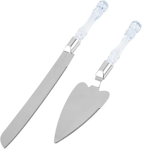 TLTLT Cake Cutting Set for Wedding 2 Pieces Stainless Steel Cheese Knife Butter Knife Baking Cake Shovel Pizza Shovel Gift Box Set (Crystal Handle Silver)