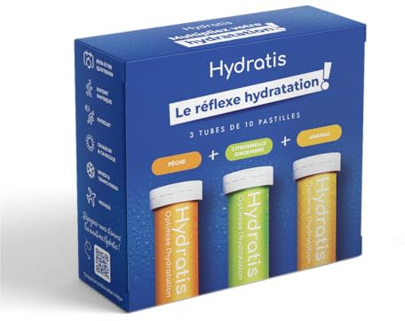 HYDRATIS - Pack Découverte Exclusif - 3 Mini Tubes de Pastilles Effervescentes Electrolytes - Optimise l'Hydratation - Pêche, Gingembre, Ananas - 30 Pastilles