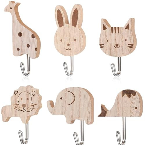 DILUSILK 6Pcs Wooden Animal Wall Hooks,Cute Animal Coat Hook,Wall Hooks Self-Adhesive for Bedroom Bathroom Kitchen