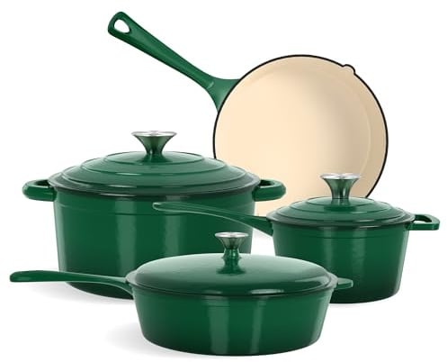 Kitchen Academy 7Pcs Enamel Cast Iron Cookware Set - Healthy Pots and Pans Set Non Stick, Induction Hob Pans Set with Dutch Oven (Emerald)