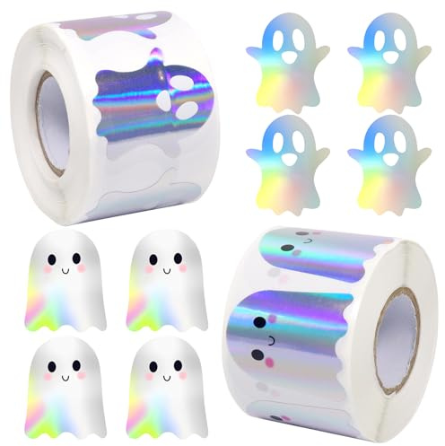1000 Stück Halloween Aufkleber Geister, 4.1cm Glitzer Halloween Sticker Rolle, Süße Geister Aufkleberrolle Kinder, Selbstklebende Aufkleber für Halloween Fensterbilder Partyzubehör, Wasserflaschen