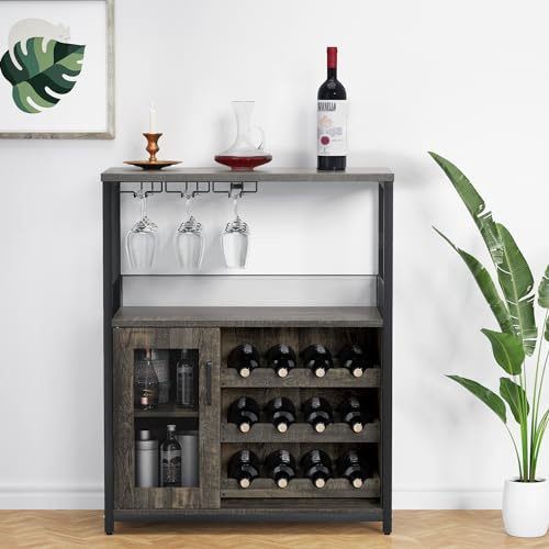 Aptliton Wine Cabinet with Removable Wine Rack, 3-Tier Bar Cabinet with Baffle Door & Glass Holders, Industrial Kitchen Buffet Sideboard for Dining Room, 69x35x92 Cm, Flame Red