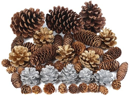 TaoQ C 45 Stück Tannenzapfen Weihnachts Tannenzapfen Natürliche Große Klein Silberne Goldene Kiefernzapfen für Weihnachtsbaum Winterparty Erntedankfest-Tisch Dekorationen