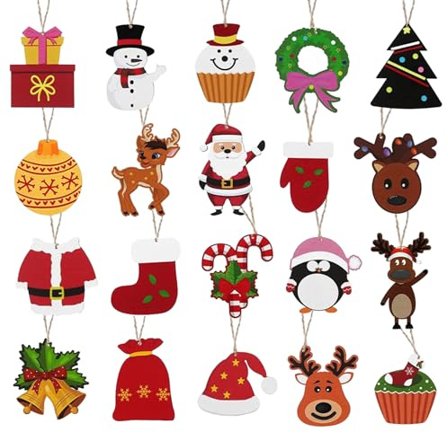 40Pcs Christmas Tree Decorations Wood, 20 Style Wood Christmas Decorations, Xmas Tree Ornaments for Xmas Party Decorations