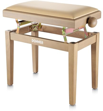 Donner Verstellbare Klavierbank, Klavierstuhlsitz aus Massivholz mit hochdichtem Schwammkissen, Klavierhocker aus Holz mit Metallhebevorrichtungen, Beige