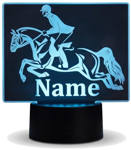 Optechvisual Personalisierte Reiter Lampe mit Name - LED Nachtlicht Pferd | Geschenk für Pferdeliebhaber, dimmbar, Fernbedienung, 16 Farben, Acrylglas Made in Germany